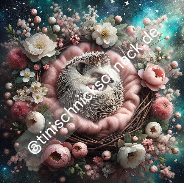 Diamond Painting Bild "Kuschelnest-Igel" von AI-Artist Sandrietta_ai 50x50cm (inkl. Fairy Dust)