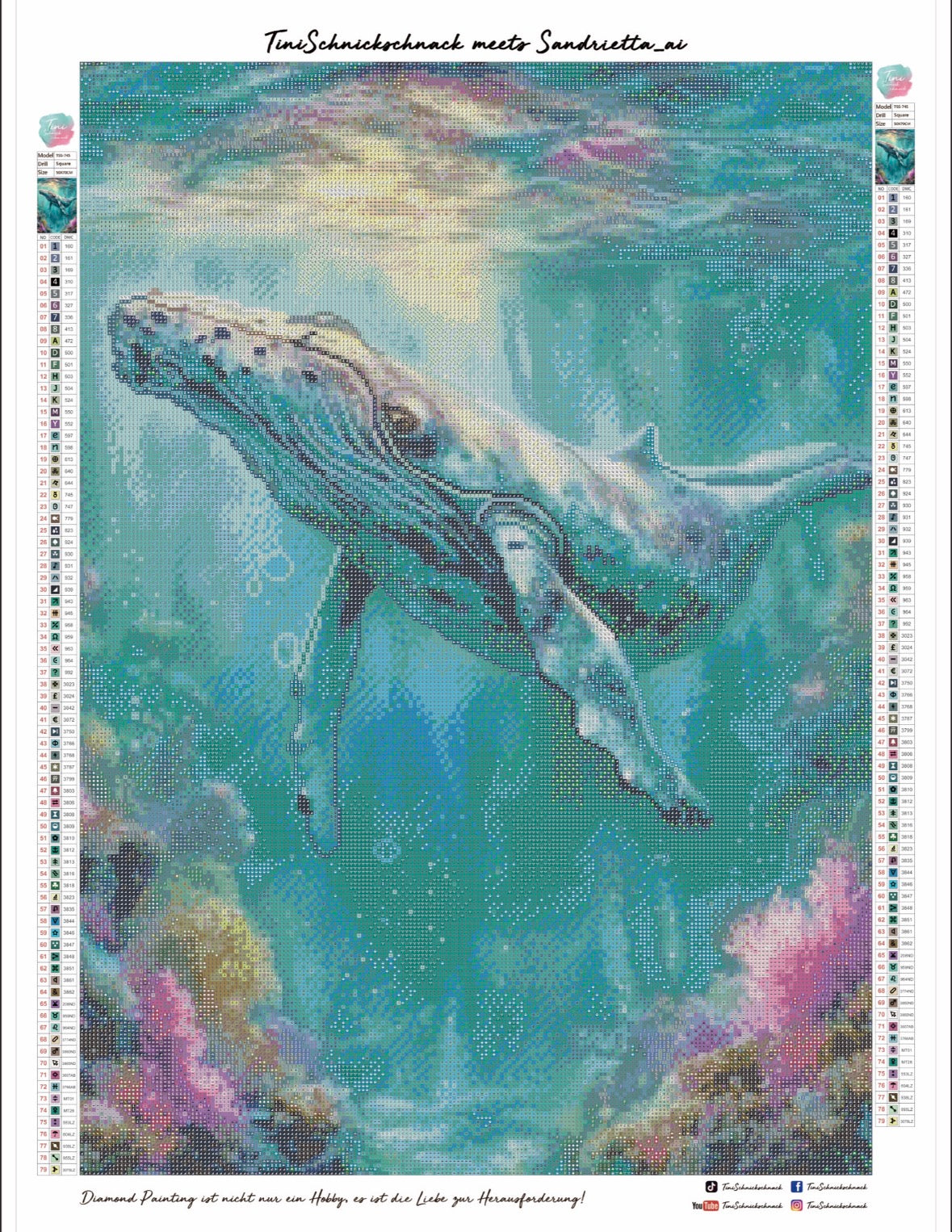 Diamond Painting Bild "Sanfter Wal - Schwerelos im blauen Meer" von AI-Artist Sandrietta_ai (inkl. Feenstaub) 50x70cm TSS-745
