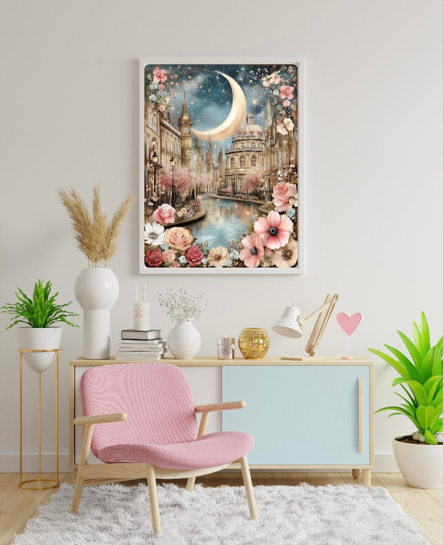 Diamond Painting Bild "Mondsichel überm Fluss" von AI-Artist CleoDora (Sondersteine Special) 90x120cm TSS-916