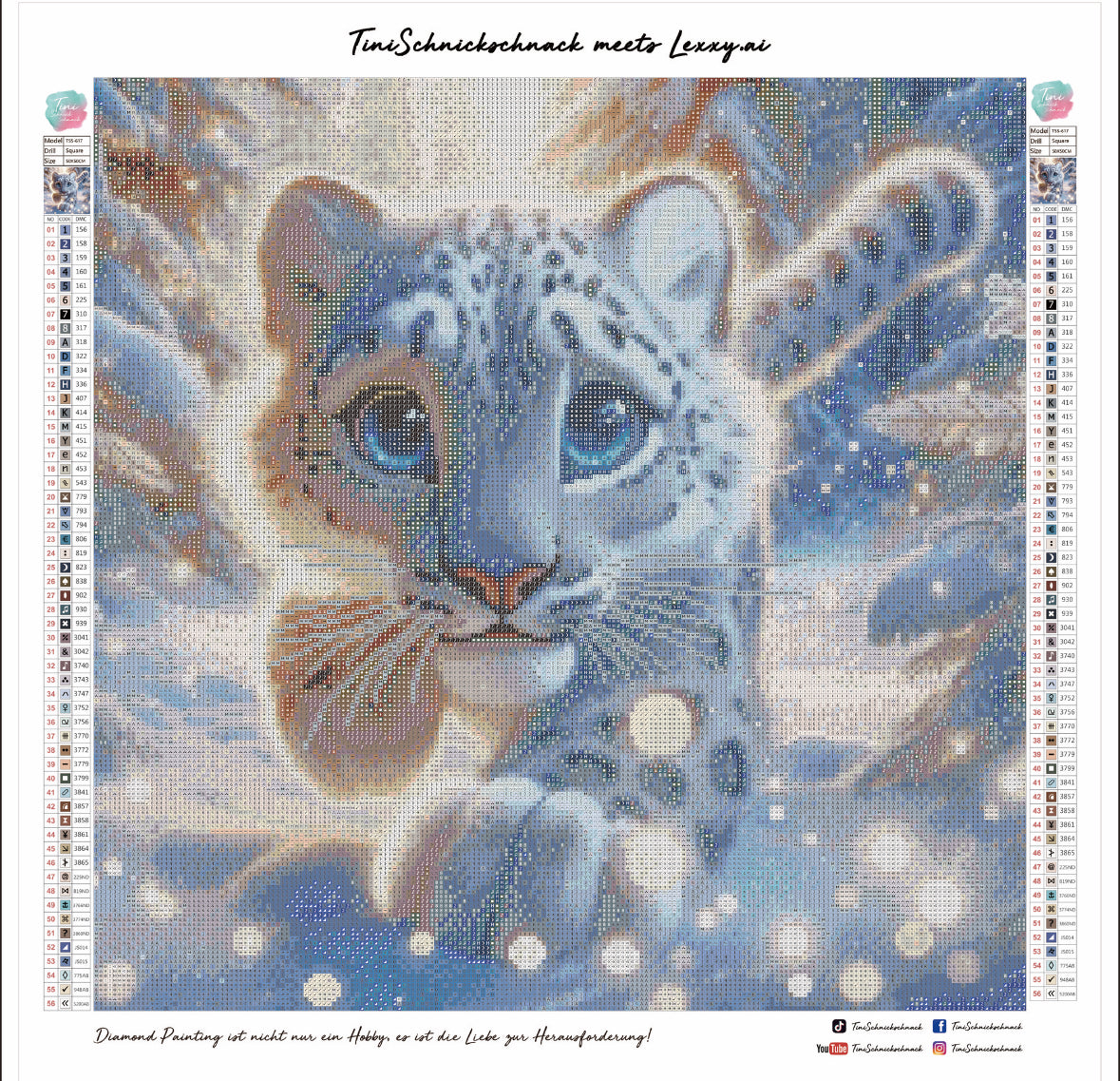 Diamond Painting Bild Schneeleopard "Shiran" von AI-Artist Lexxy.ai 50x50cm (inkl. Feenstaub) TSS-617