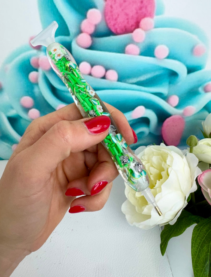 Diamond Painting Harz Ergo-Stift "Schmetterlingswiese" Konfetti grün/weiß (E3)