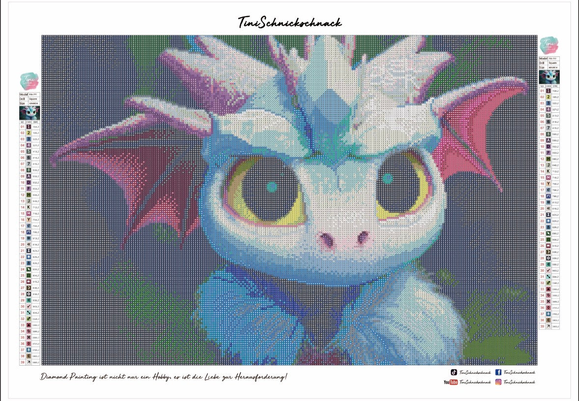 Diamond Painting Bild: Drache "Fussel" 40x60cm Strasssteine (eckig) TSS-777