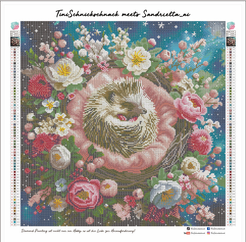 Diamond Painting Bild "Kuschelnest-Igel" von AI-Artist Sandrietta_ai 50x50cm (inkl. Fairy Dust)
