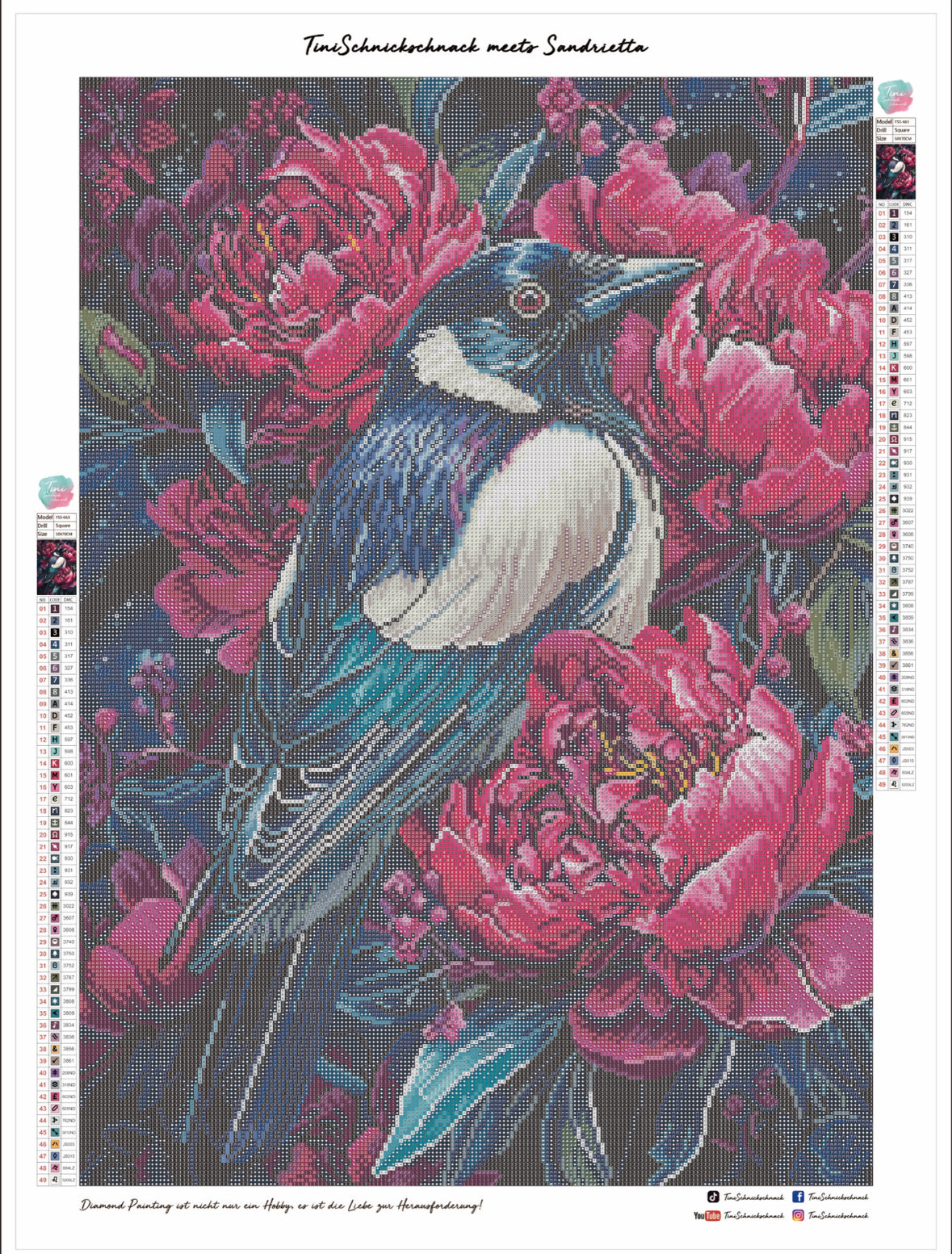 Diamond Painting Bild "Pfingstrosen Elster" von AI-Artist Sandrietta_ai (inkl. Feenstaub) 50x70cm TSS-663