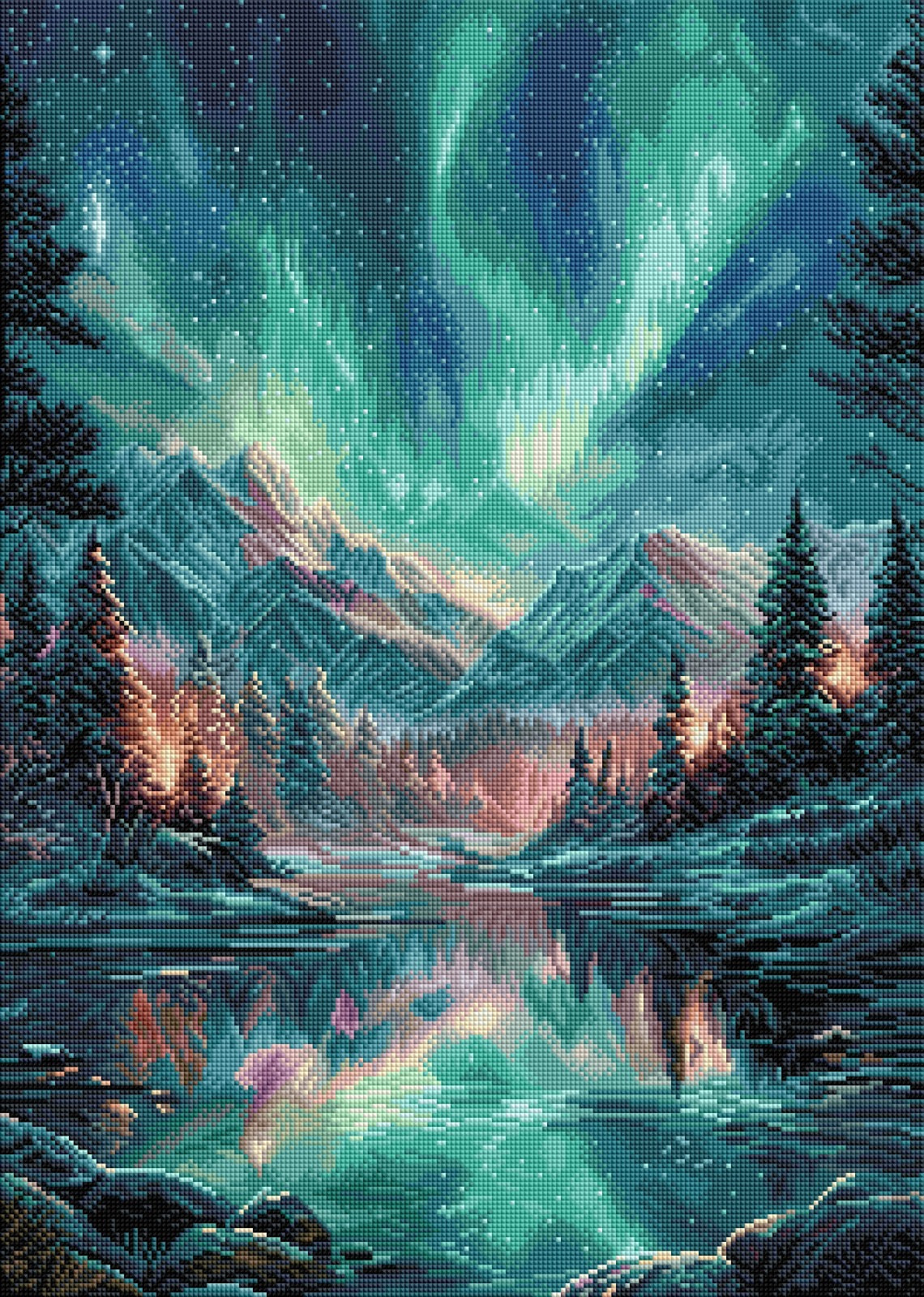 Diamond Painting Bild "Polarlichter über den Bergen" von AI-Artist Sandrietta_ai (inkl. Feenstaub) 50x70cm TSS-880
