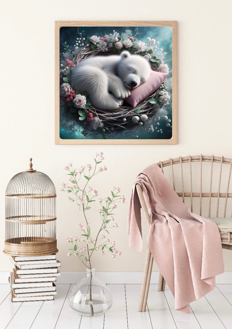 Diamond Painting Bild "Kuschelnest-Eisbär" von AI-Artist Sandrietta_ai 50x50cm (inkl. Fairy Dust)