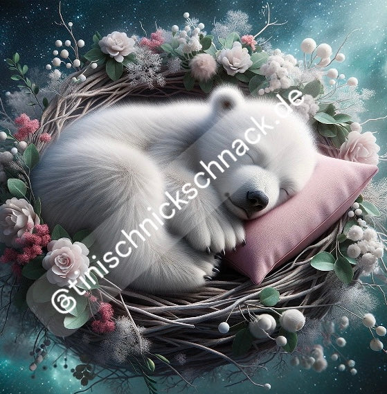 Diamond Painting Bild "Kuschelnest-Eisbär" von AI-Artist Sandrietta_ai 50x50cm (inkl. Fairy Dust)