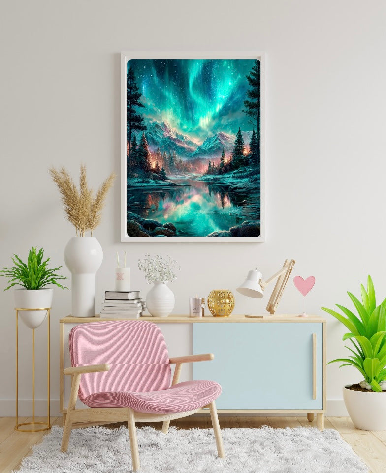 Diamond Painting Bild "Polarlichter über den Bergen" von AI-Artist Sandrietta_ai (inkl. Feenstaub) 50x70cm TSS-880