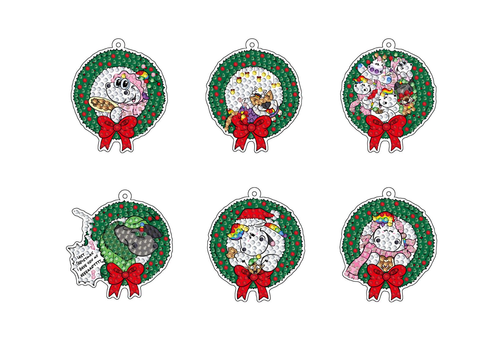 Diamond Painting XMAS Schlüsselanhänger Pummeleinhorn "Weihnachtskränze" 6Stück (AH104)