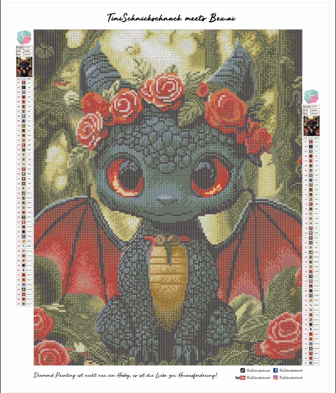 Diamond Painting Bild Drache "Ruby" von AI-Artist Bex.ai 40x50cm (inkl. Fairy Stones)