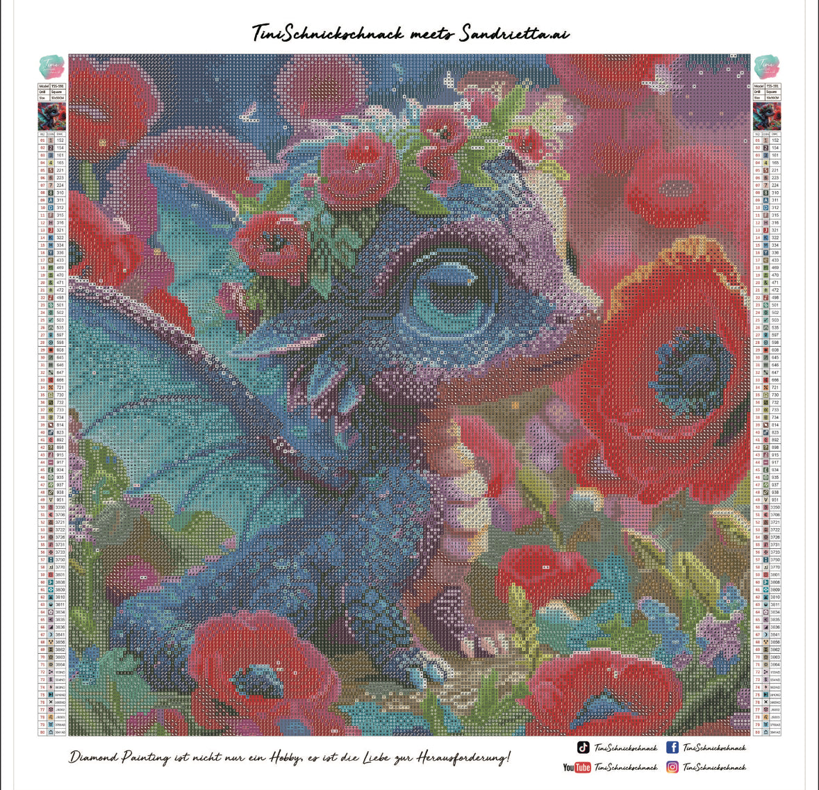 Diamond Painting Bild Drache "Mohnara" von AI-Artist Sandrietta_ai (inkl. Feenstaub) 50x50cm TSS-591