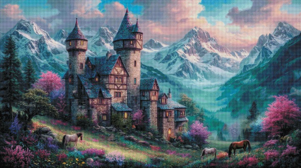 Diamond Painting XXXL Bild "Traumschloss in den Bergen" von AI-Artist Sandrietta 110x196cm (Sondersteine Special) TSS-769