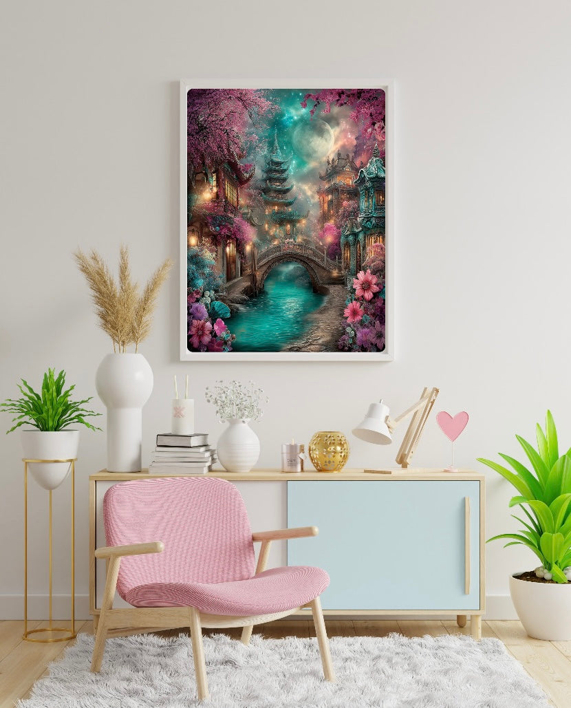Diamond Painting Bild "Tempel der ewigen Kirschblüte" von AI-Artist Elly_a.i (inkl. Metallic) 50x70cm TSS-907