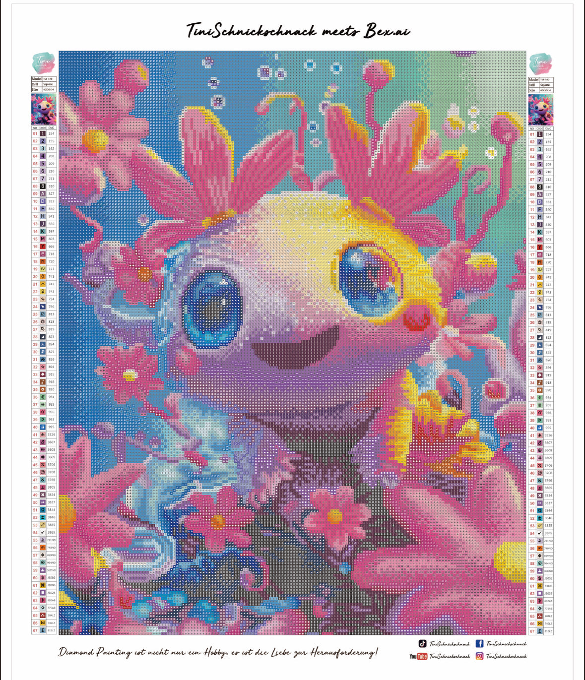 Diamond Painting Bild Axolotl "Sunny" von AI-Artist Bex.ai 40x50cm (inkl. Metallic Stones)