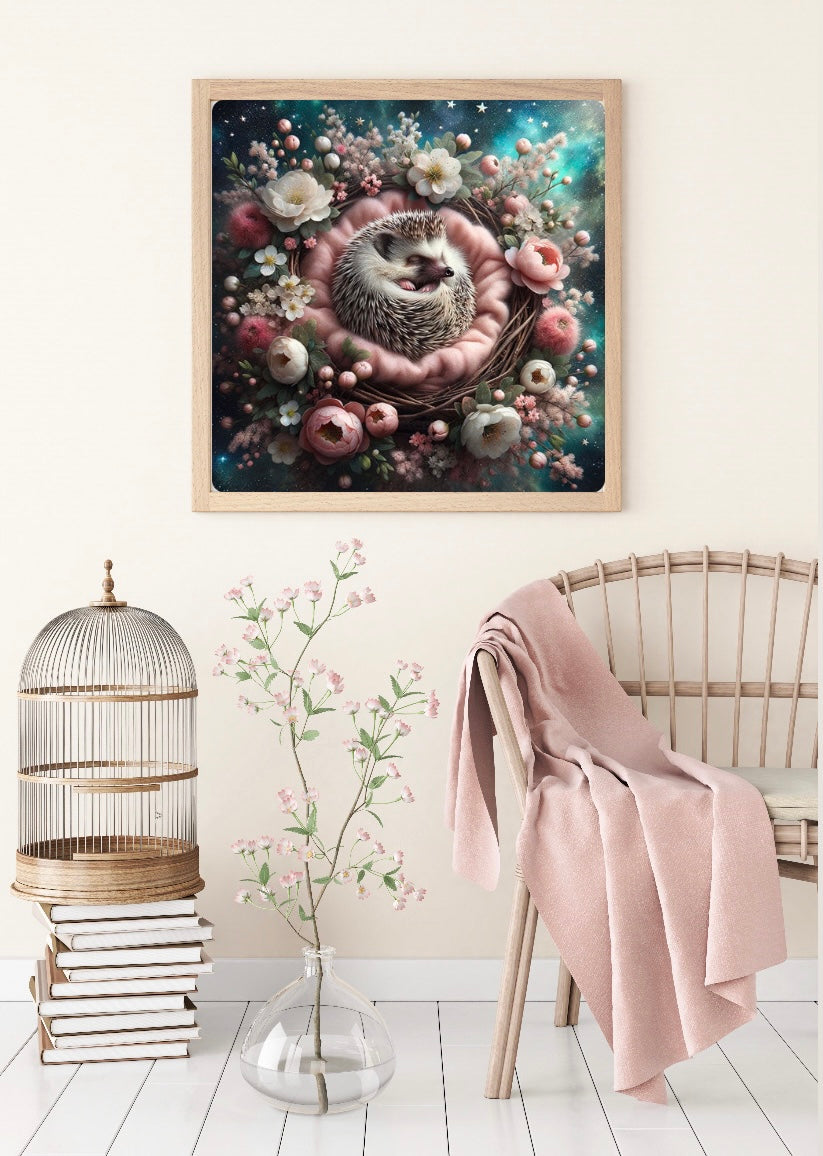 Diamond Painting Bild "Kuschelnest-Igel" von AI-Artist Sandrietta_ai 50x50cm (inkl. Fairy Dust)