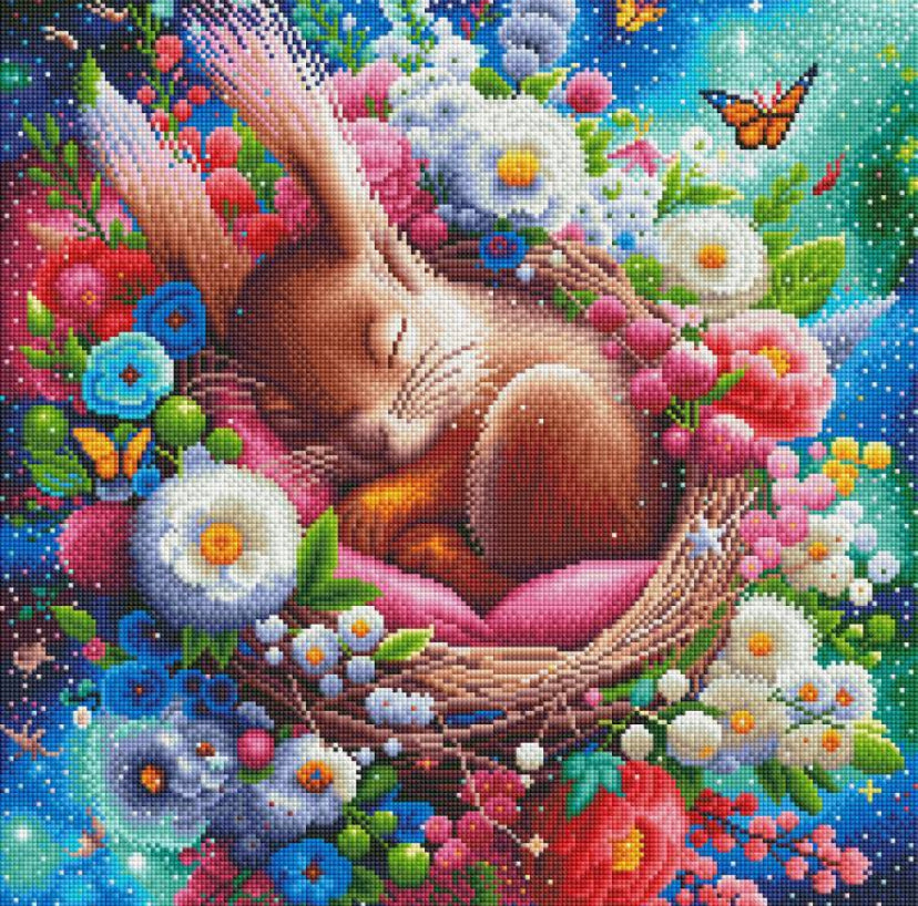 Diamond Painting Bild "Kuschelnest-Eichhörnchen" von AI-Artist Sandrietta_ai 50x50cm (inkl. Metallic Steine)