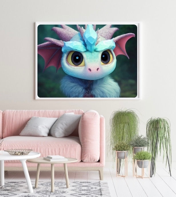 Diamond Painting Bild: Drache "Fussel" 40x60cm mit eckige Steinen