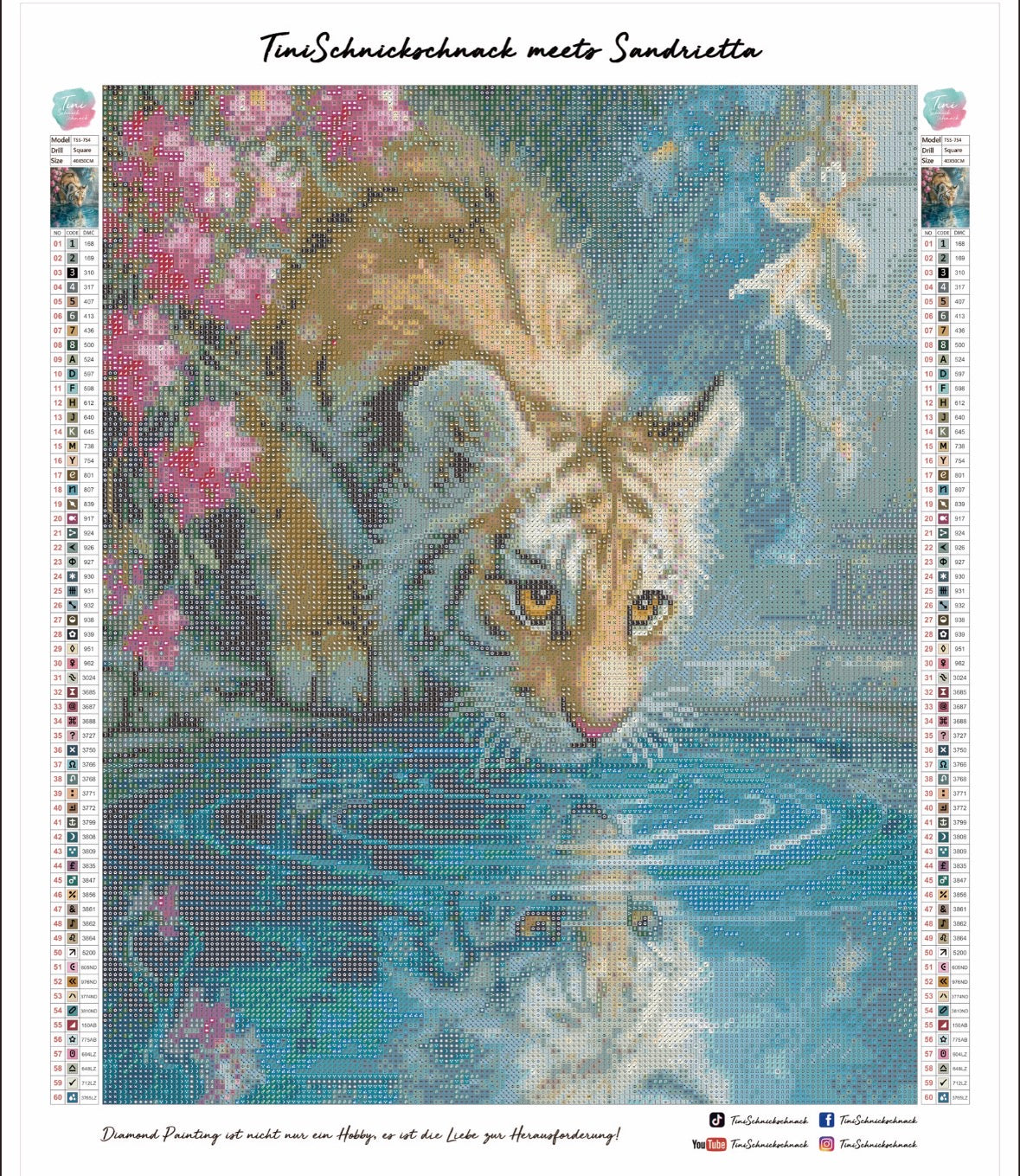 Diamond Painting Bild "Tiger - im Spiegelbild der Stille" von AI-Artist Sandrietta_ai (inkl. Feenstaub) 40x50cm TSS-754