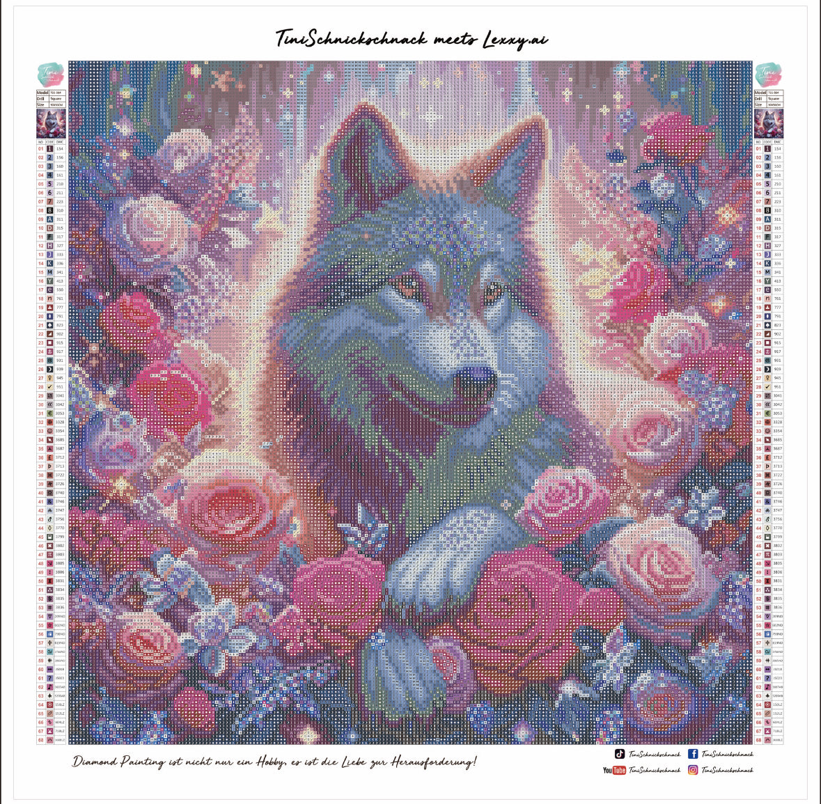 Diamond Painting Bild Wolf „Rosenwolf" von AI-Artist Lexxy.ai 50x50cm (inkl. Fairy Dust) TSS-564