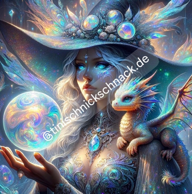 Diamond Painting Bild "Drachenhexe" von AI-Artist Sandrietta_ai 50x50cm (inkl. Neon Stones) TSS-344
