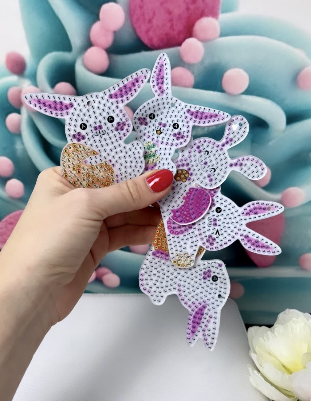 Diamond Painting Anhänger "White Rabbits" 5er