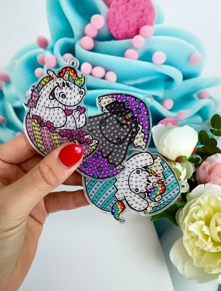 Diamond Painting Schlüsselanhänger Pummeleinhorn "Bunte Ostereier" 6 Stück Anhänger (Set) (AH528)