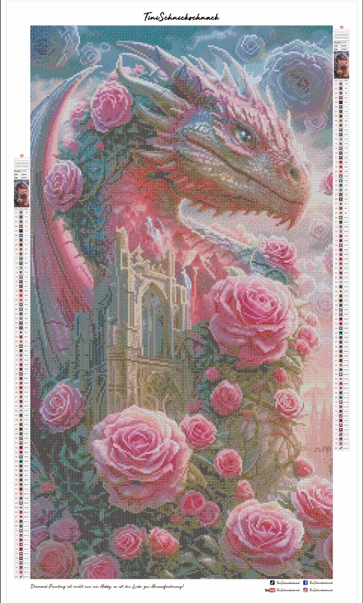 Diamond Painting Bild "Dragon of Roses" von AI-Artist Elly_a.i (Sondersteine Special) 50x90cm TSS-976