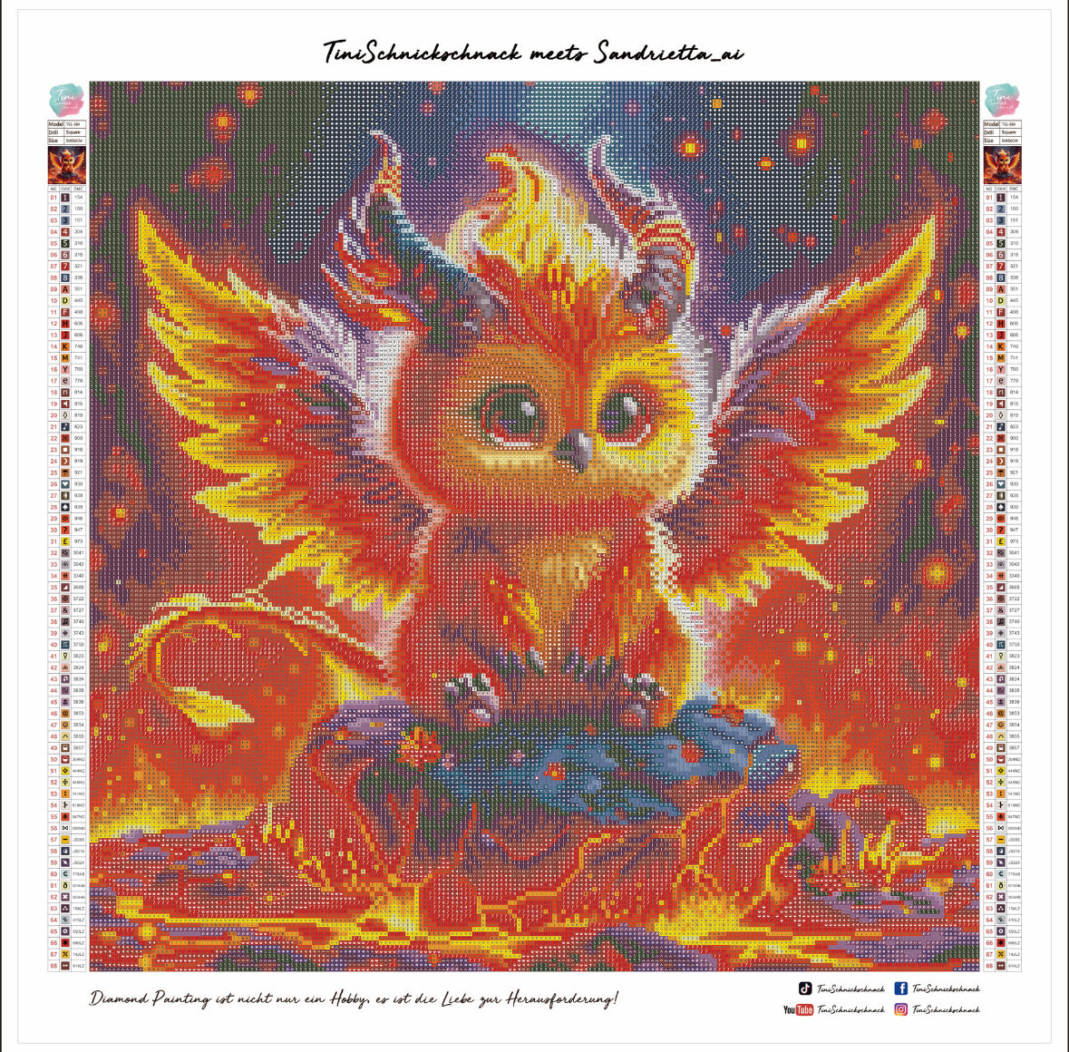 Diamond Painting Bild Feuerwesen "Vogel-Pyrelle" von AI-Artist Sandrietta_ai (Sondersteine Special) 50x50cm TSS-584