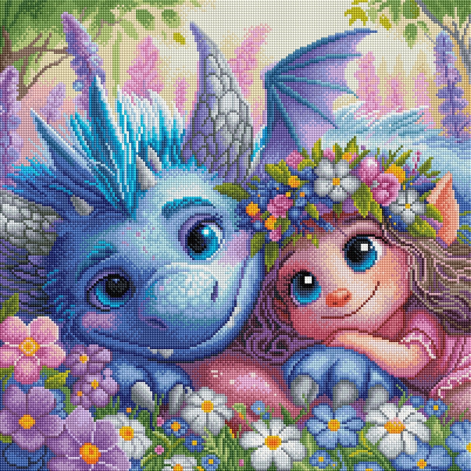 Diamond Painting Bild "Blue & Blossom - erste Schritte" von AI-Artist Sandrietta_ai (inkl. Feenstaub) 50x50cm TSS-690