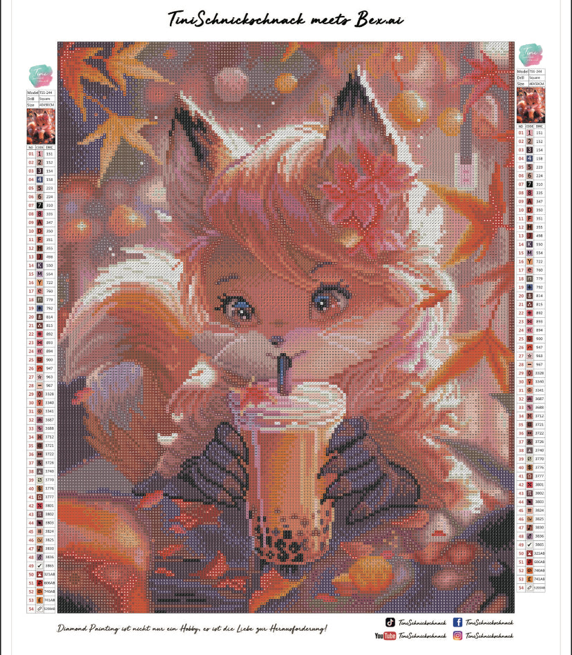 Diamond Painting Bild "Bubble-Tea Fuchs" von AI-Artist Bex.ai 40x50cm (inkl. AB)