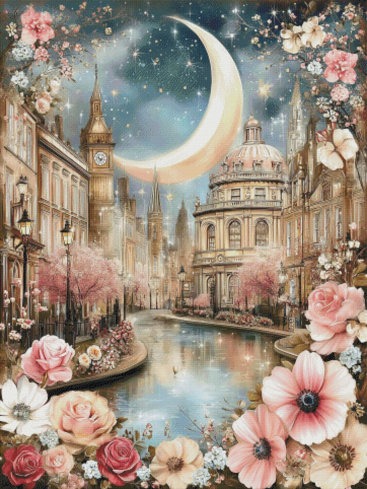 Diamond Painting Bild "Mondsichel überm Fluss" von AI-Artist CleoDora (Sondersteine Special) 90x120cm TSS-916