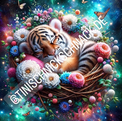 Diamond Painting Bild "Kuschelnest-Tiger" von AI-Artist Sandrietta_ai 50x50cm