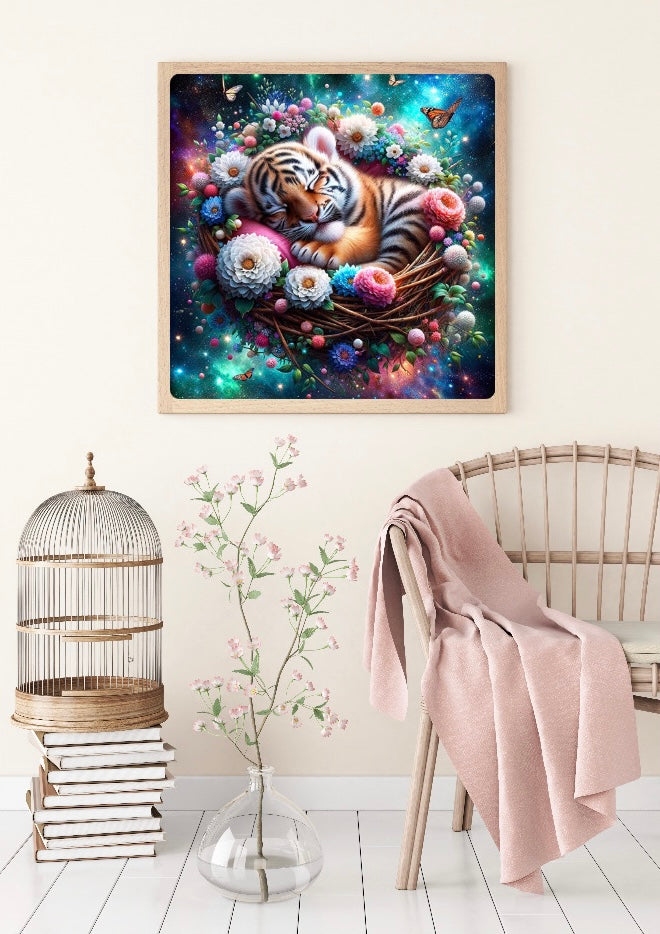 Diamond Painting Bild "Kuschelnest-Tiger" von AI-Artist Sandrietta_ai 50x50cm