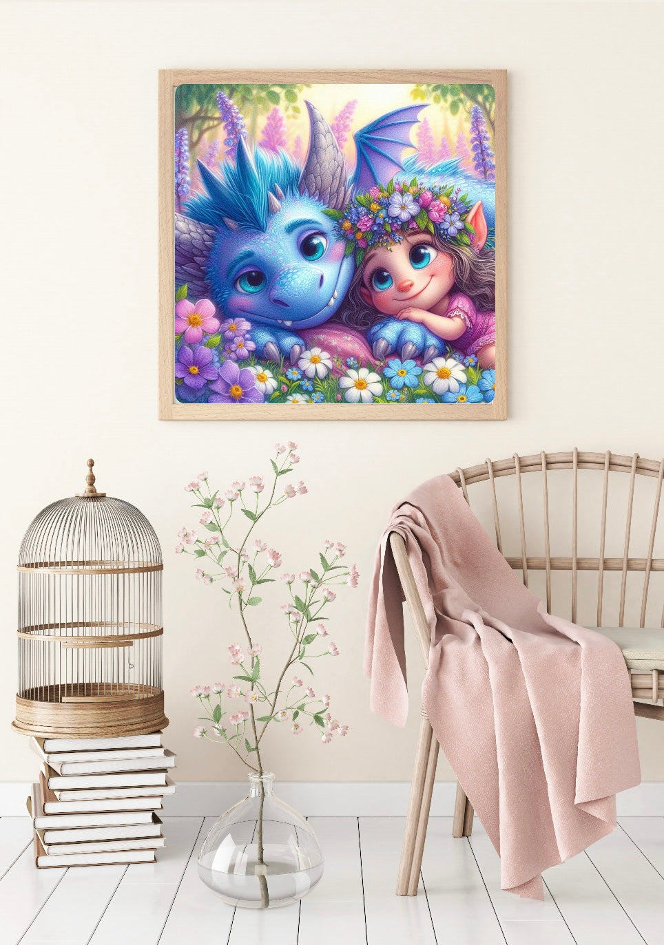 Diamond Painting Bild "Blue & Blossom - erste Schritte" von AI-Artist Sandrietta_ai (inkl. Feenstaub) 50x50cm TSS-690