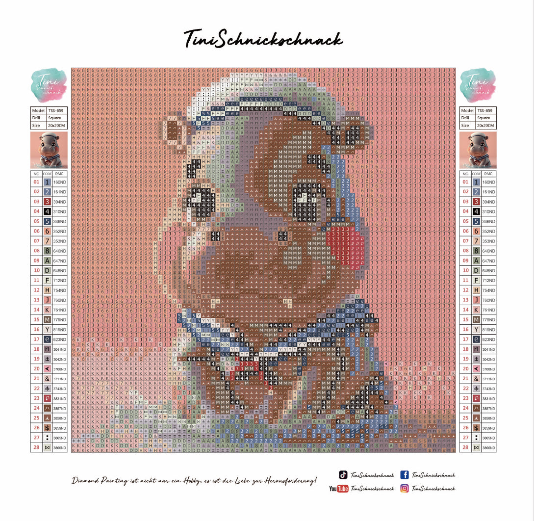 Diamond Painting Mini-Bild "Nilpferd Momo" von TiniSchnickschnack 20x20cm (Feenstaub Special) TSS-659