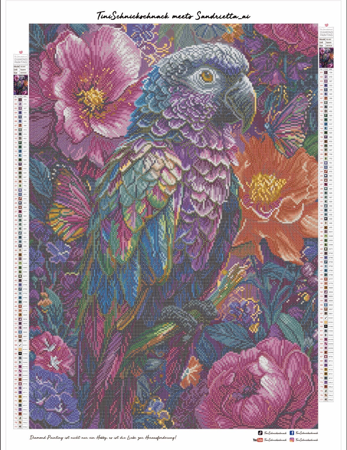Diamond Painting Bild "Tropischer Papagei" von AI-Artist Sandrietta_ai (Sondersteine-Special) 50x70cm TSS-897