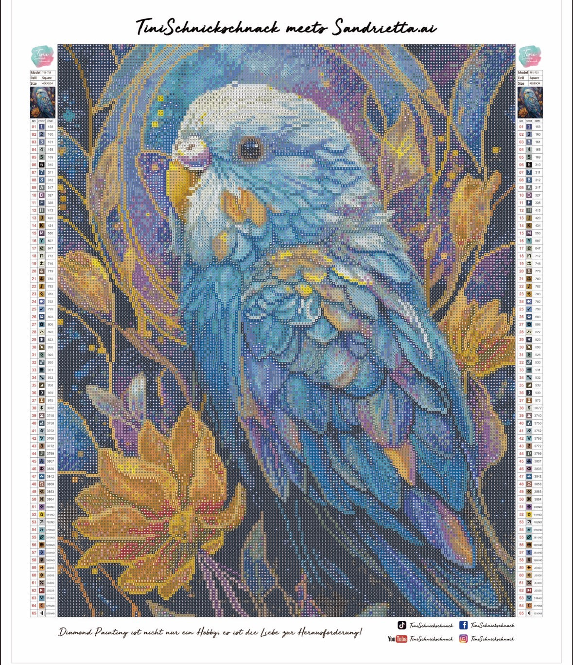 Diamond Painting Bild "Modern Art - Wellensittich"  von AI-Artist Sandrietta_ai (inkl. Feenstaub) 40x50cm TSS-715