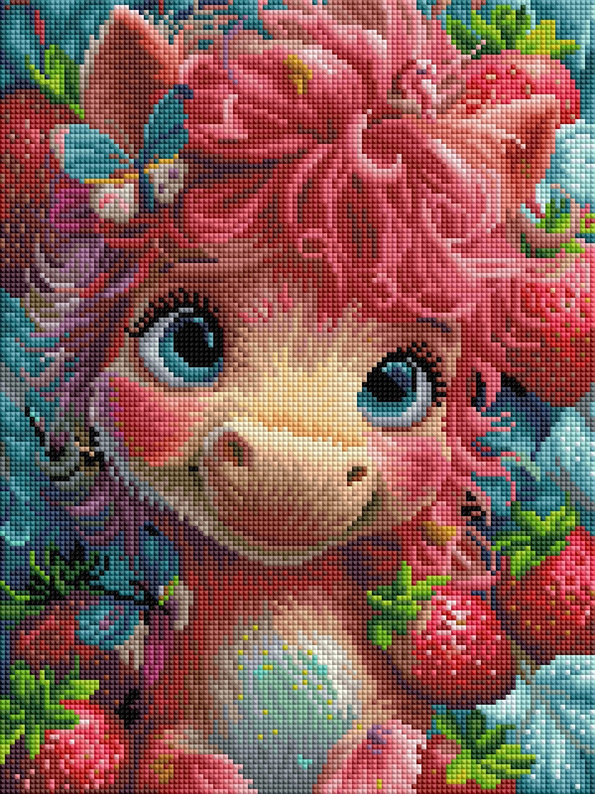 Diamond Painting Bild "Erdbeerpony" von AI-Artist Sandrietta_ai (inkl. Feenstaub) 30x40cm TSS-746