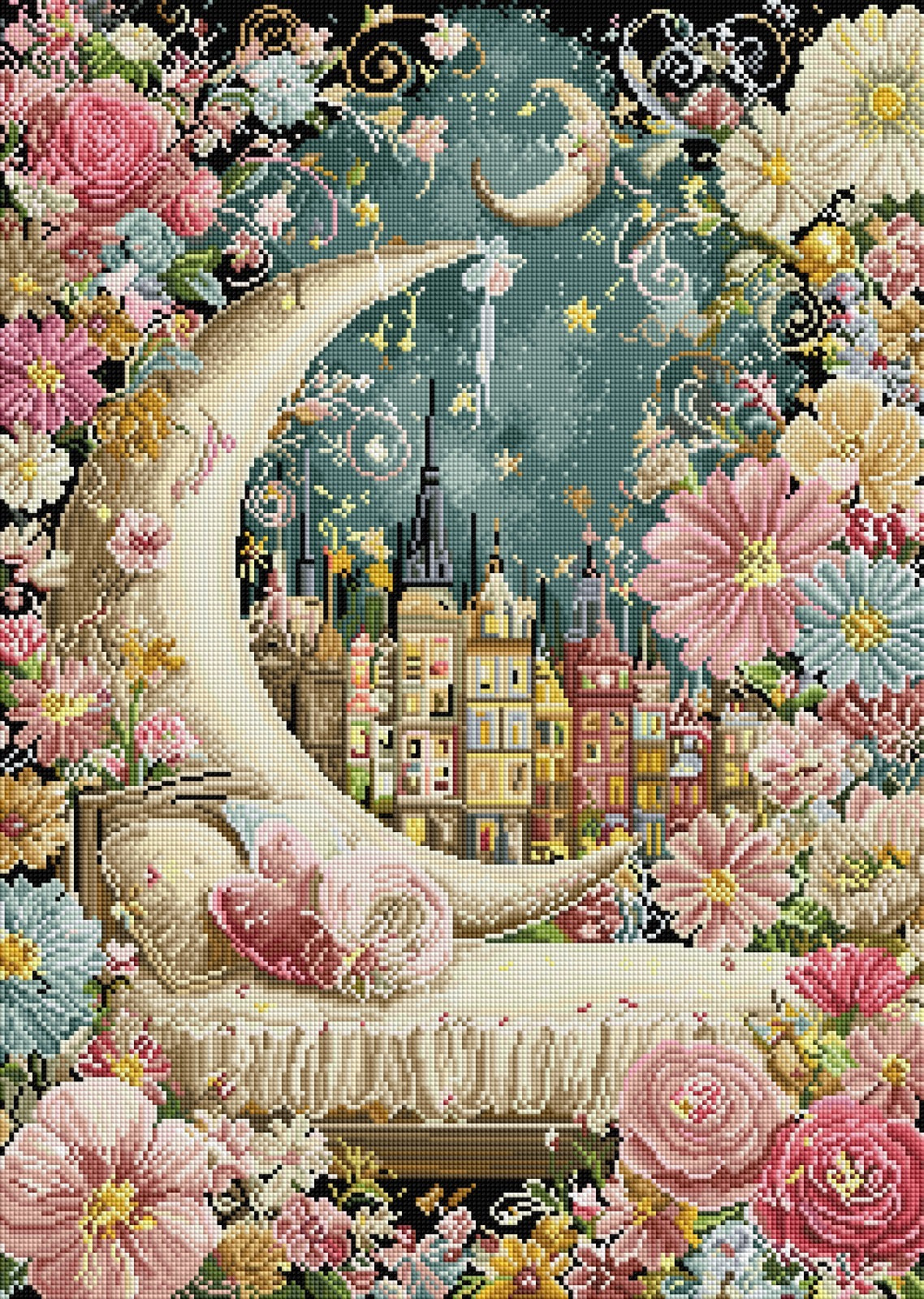 Diamond Painting Bild "Blumenbett in der Nacht" von AI-Artist CleoDora (inkl. Metallic) 50x70cm TSS-909