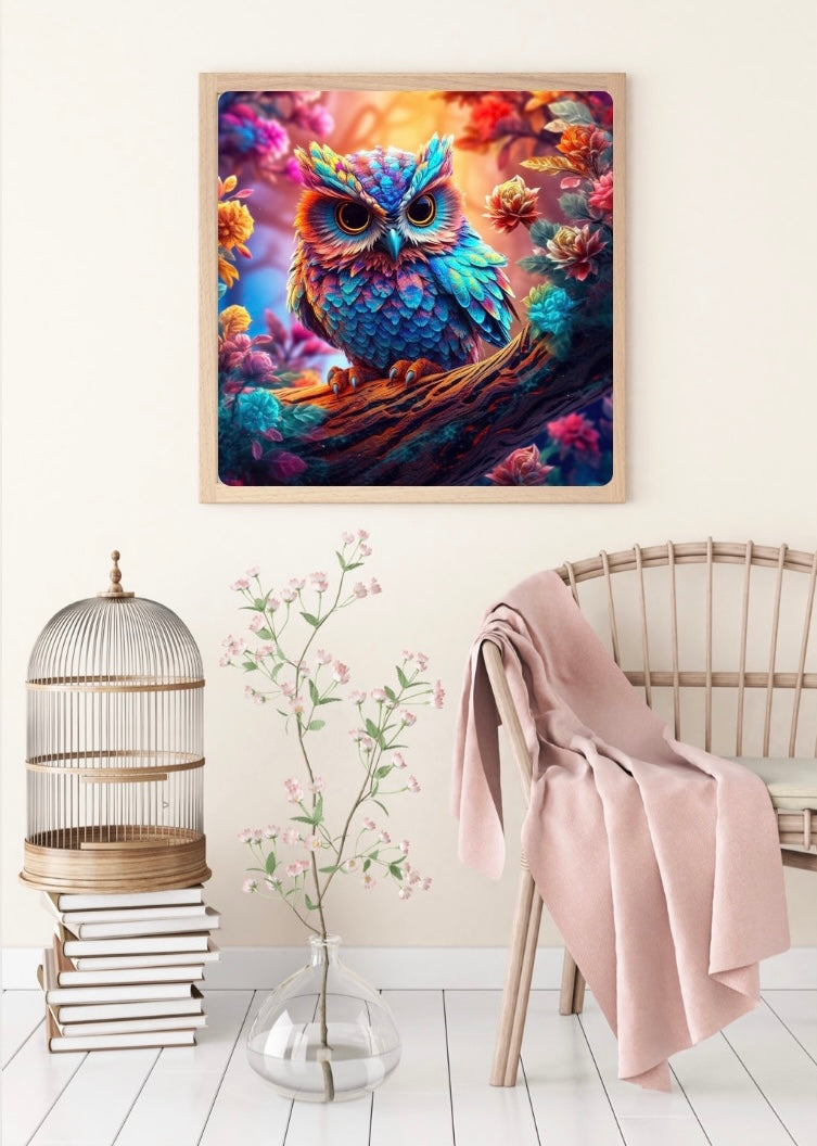 Diamond Painting Bild "Bunte Eule" von AI-Artist Sandrietta_ai 50x50cm