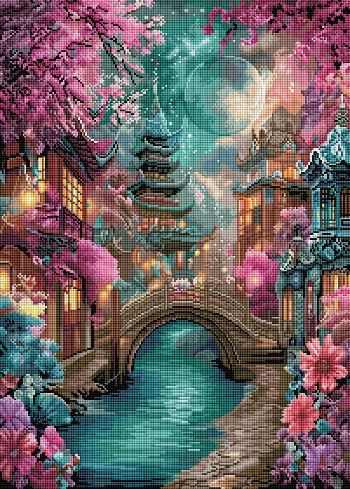 Diamond Painting Bild "Tempel der ewigen Kirschblüte" von AI-Artist Elly_a.i (inkl. Metallic) 50x70cm TSS-907