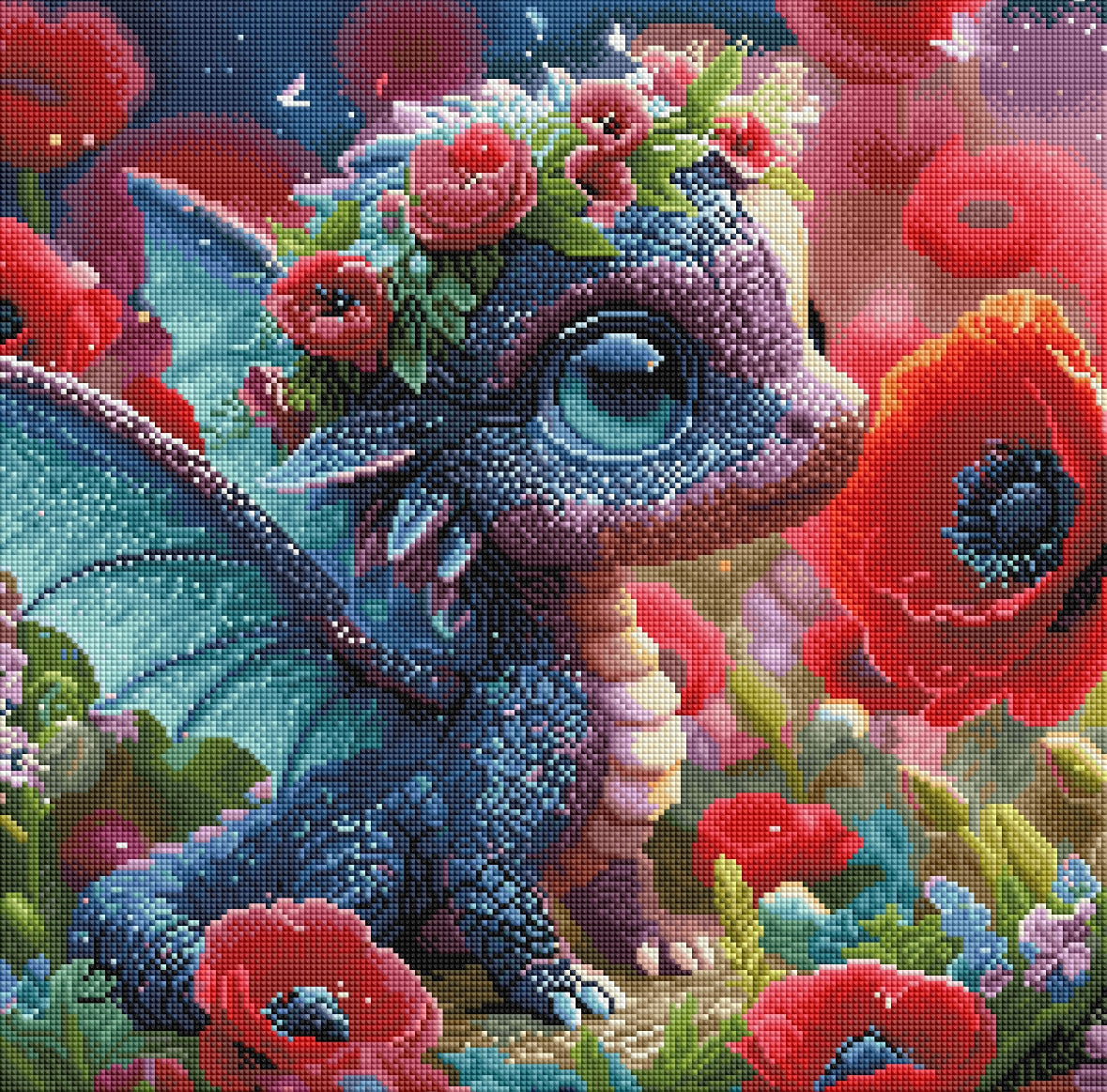 Diamond Painting Bild Drache "Mohnara" von AI-Artist Sandrietta_ai (inkl. Feenstaub) 50x50cm TSS-591