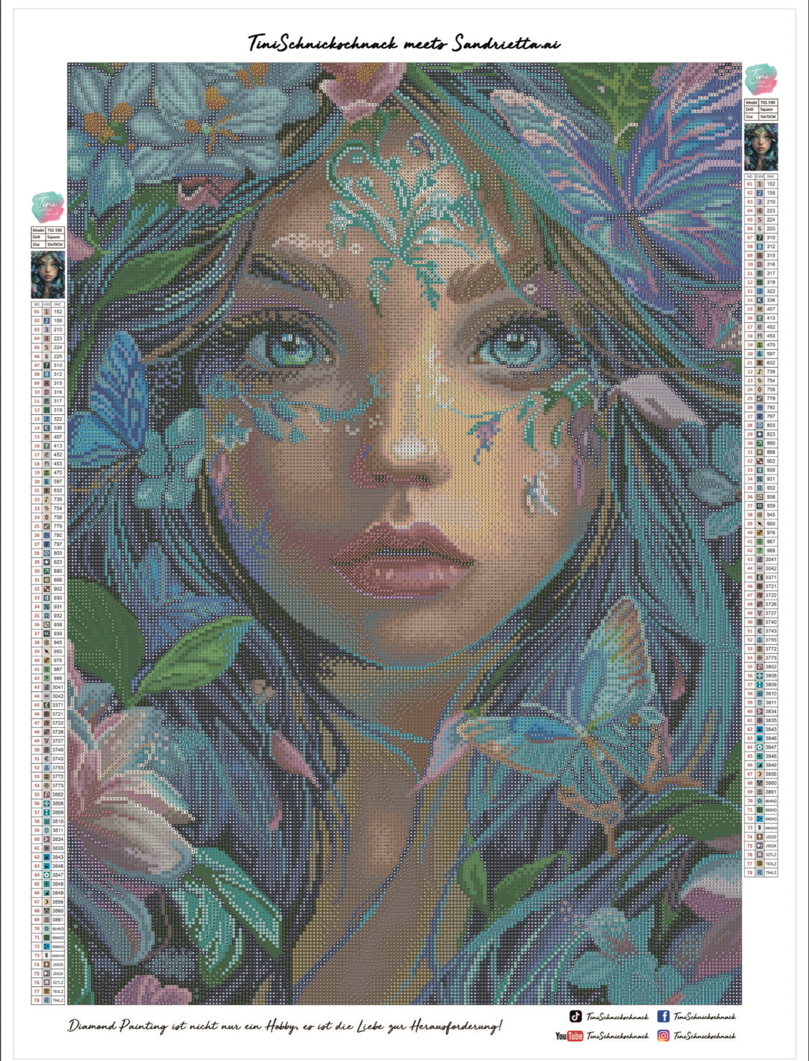 Diamond Painting Bild Schmetterlingsfrau "Valentina" von AI-Artist Sandrietta_ai (inkl. Feenstaub) 50x70cm TSS-590