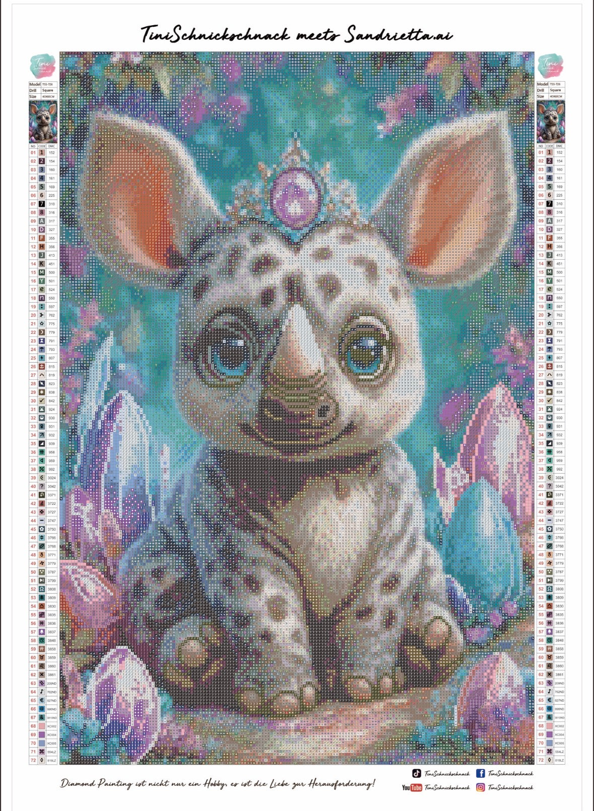 Diamond Painting Bild Nashorn "Opalia" von AI-Artist Sandrietta_ai (inkl. Feenstaub) 40x60cm TSS-726