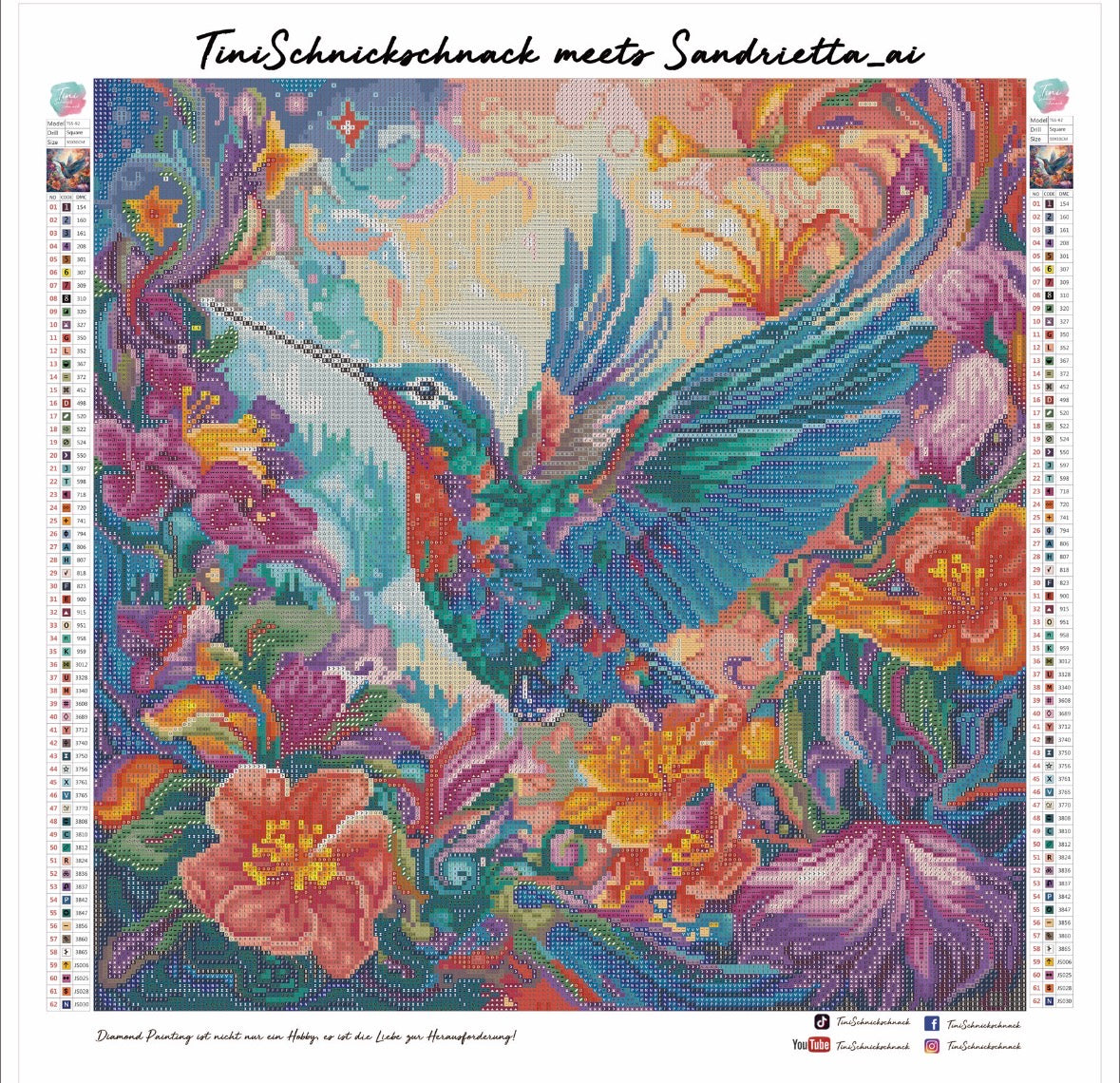 Diamond Painting Bild "Kolibri" von AI-Artist Sandrietta 50x50cm mit Metallic Steinen TSS-92