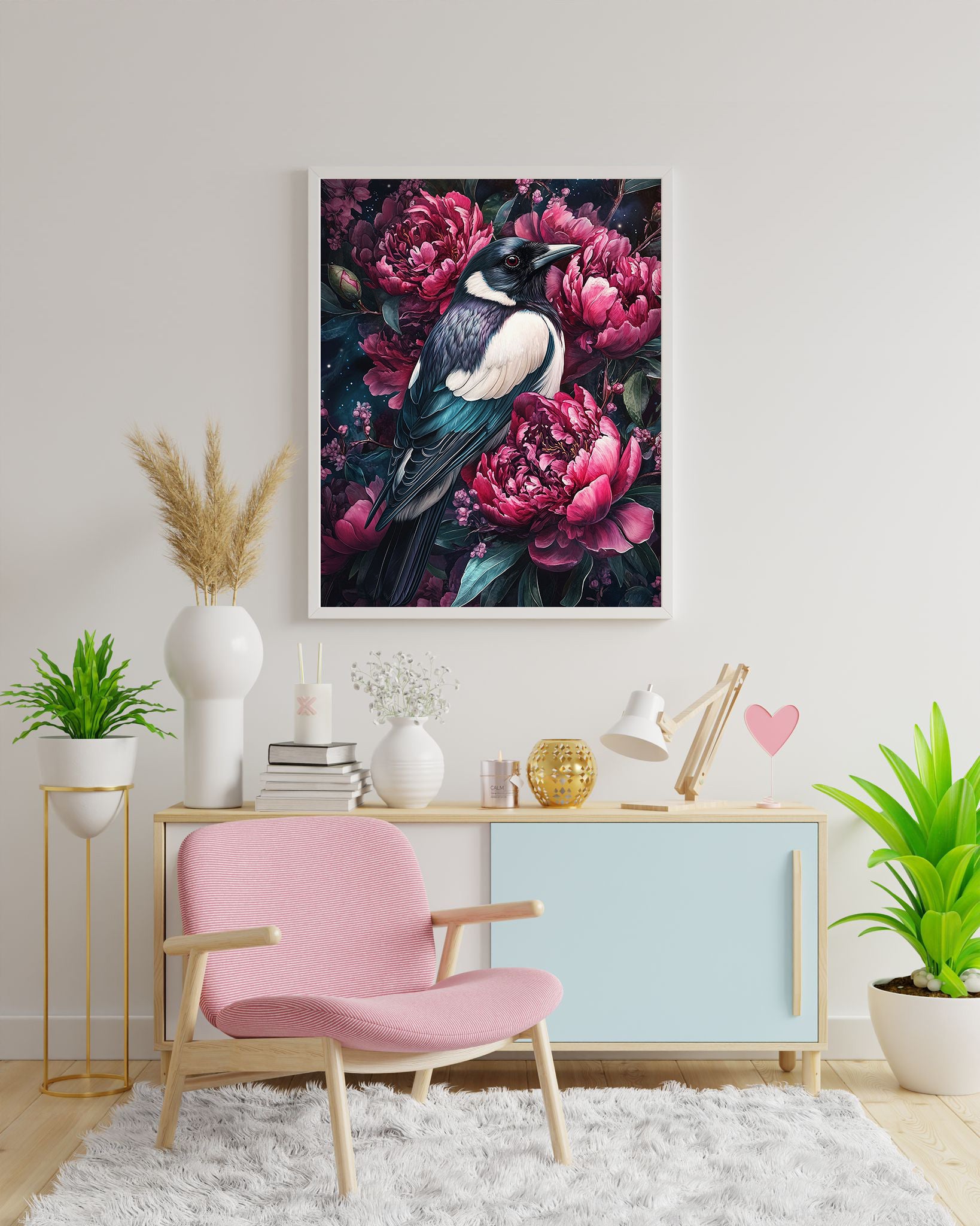 Diamond Painting Bild "Pfingstrosen Elster" von AI-Artist Sandrietta_ai (inkl. Feenstaub) 50x70cm TSS-663