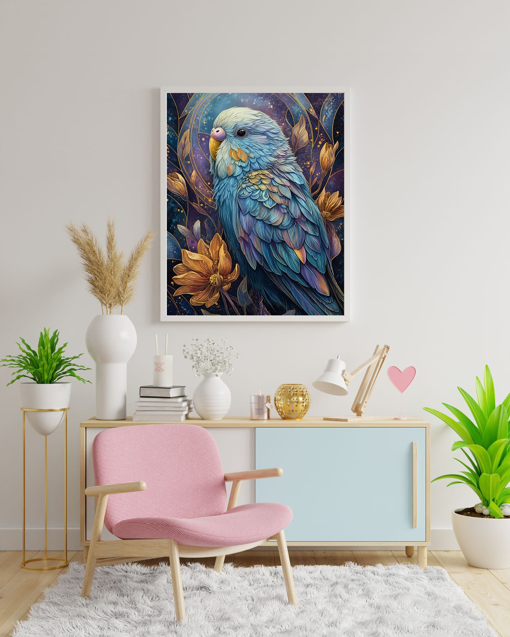 Diamond Painting Bild "Modern Art - Wellensittich"  von AI-Artist Sandrietta_ai (inkl. Feenstaub) 40x50cm TSS-715